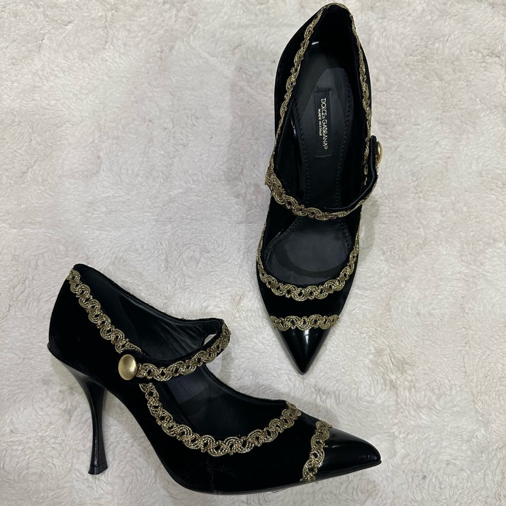 SOLD 🚫Dolce & Gabbana Black Embellished Velvet Mary Jane Pumps Shoes